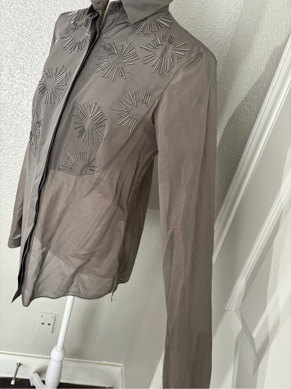 Akris Punto Taupe Embellished Button-Down Shirt - Picture 6 of 15